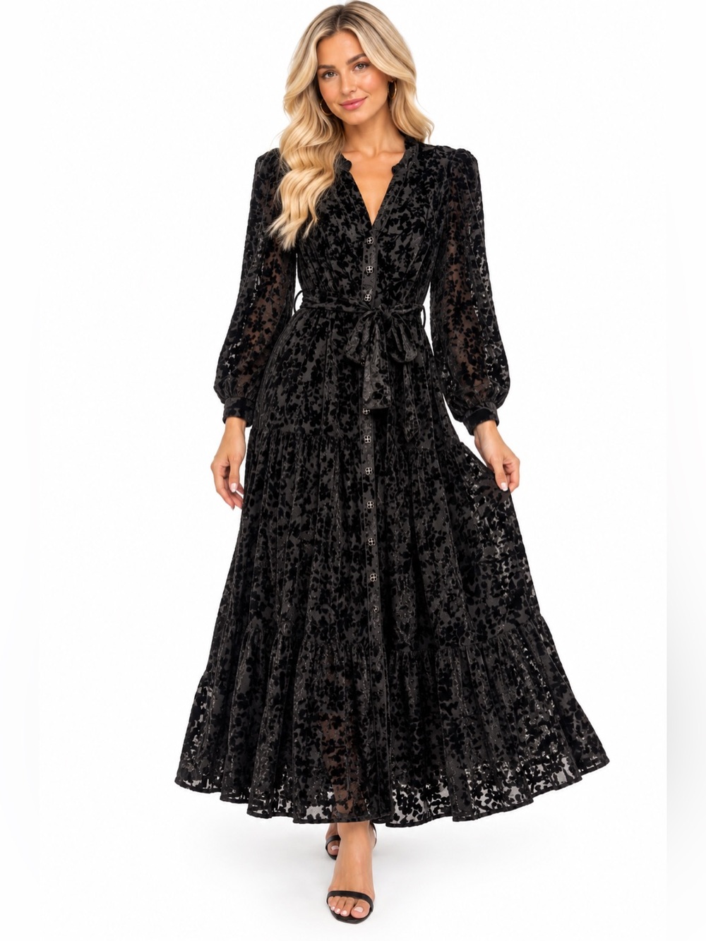 NWT Hale Bob Silk Gianna Size Medium Black Velvet Burnout Maxi Dress Tie Waist